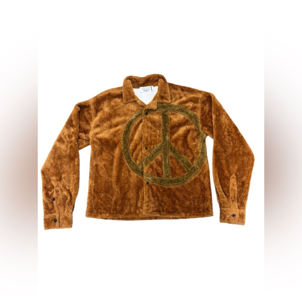 NWOT Vale Forever Mns M Brown Fuzzy Peace Symbol Button Up Jacket Sweater